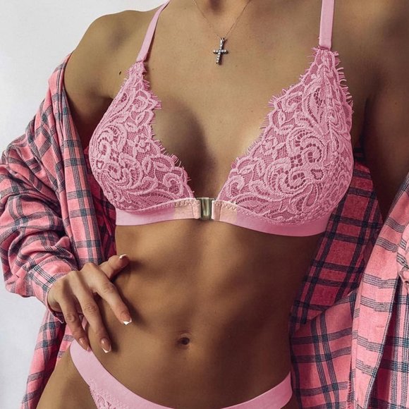 Pink Two-piece Adjustable Straps Lace Bralette Set - Picture 3 of 3